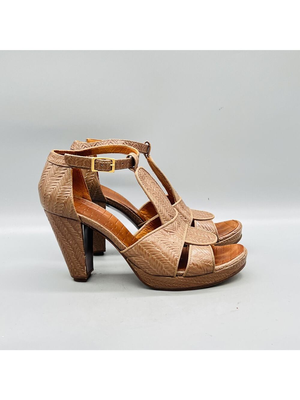 Chie Mihara Sandals Womens 7 Brown Leather Strappy Ankle Strap Block Heel Shoes